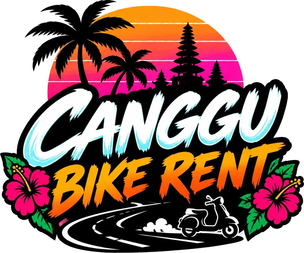 Logo von Canggu Bike Rent: Graffiti-Schriftzug über einem Sonnenuntergang auf Bali mit Palmen, einem Tempel, Hibiskusblüten und einem Roller auf einer kurvigen Straße