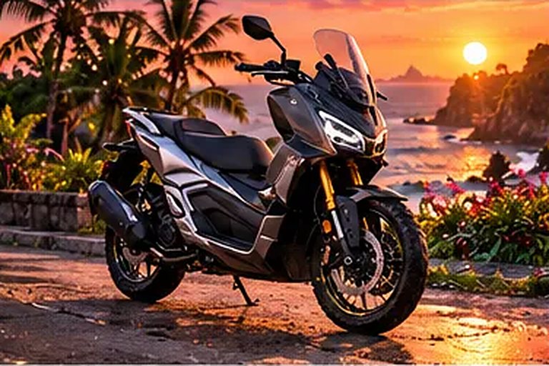 Honda ADV 160 zu mieten in Canggu, bei Sonnenuntergang geparkt