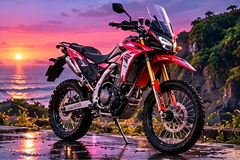 Honda CRF250 Rally zu mieten in Canggu, bei Sonnenuntergang geparkt