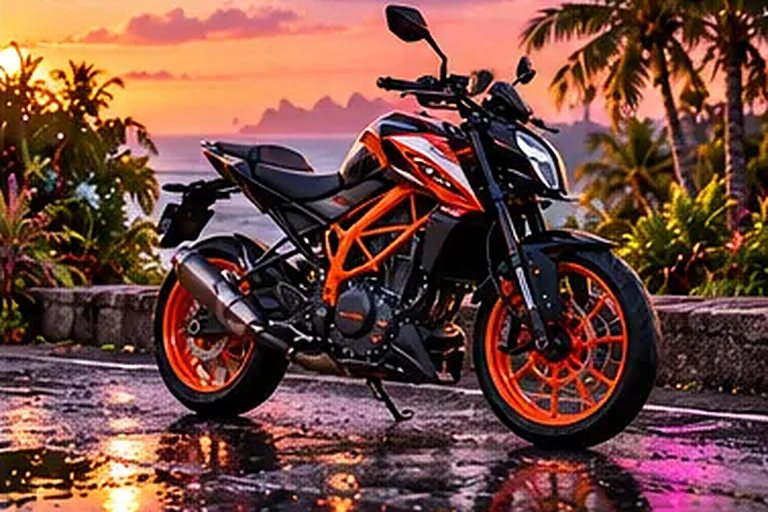 KTM Duke 390 disewakan di Canggu, parkir saat matahari terbenam