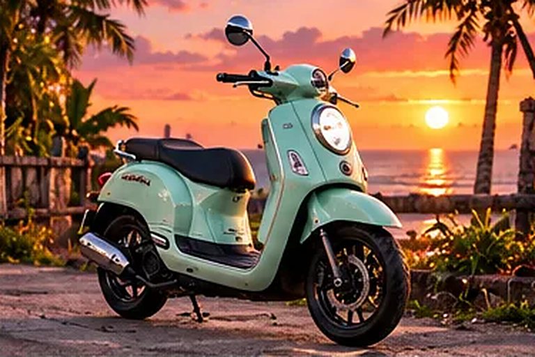 일몰 무렵 주차된 짱구 렌탈 Yamaha Fazzio