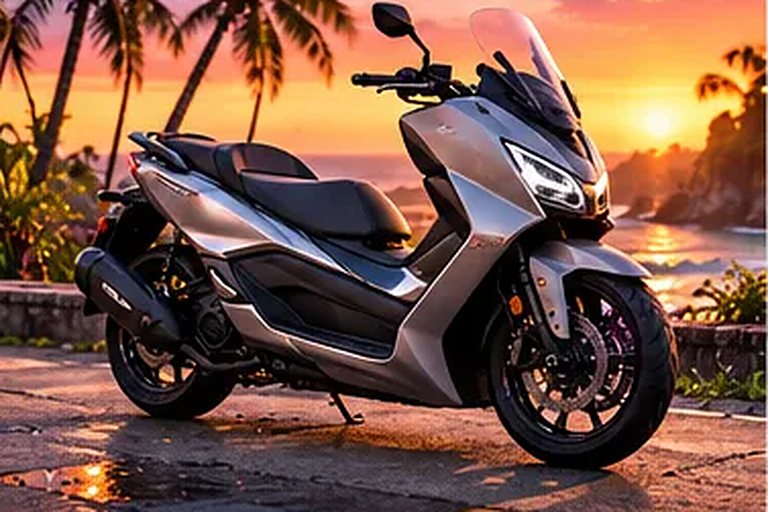 Honda Forza 350 zu mieten in Canggu, bei Sonnenuntergang geparkt