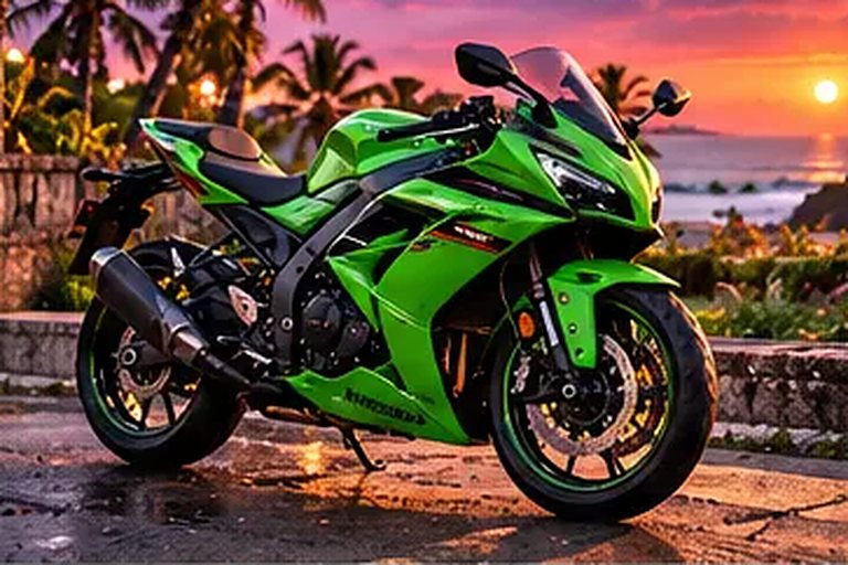 Kawasaki Ninja 250 zu mieten in Canggu, bei Sonnenuntergang geparkt