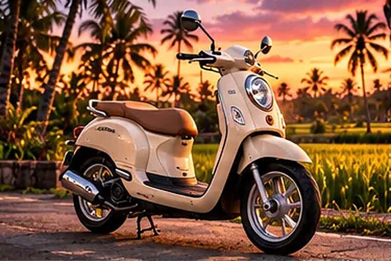 석양 아래 주차된 짱구 렌탈용 Honda Scoopy