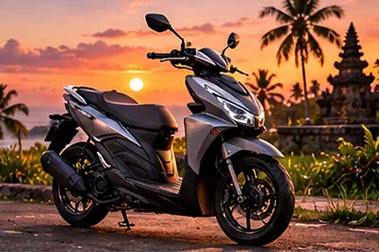 Honda Vario 160 zu mieten in Canggu, geparkt bei Sonnenuntergang
