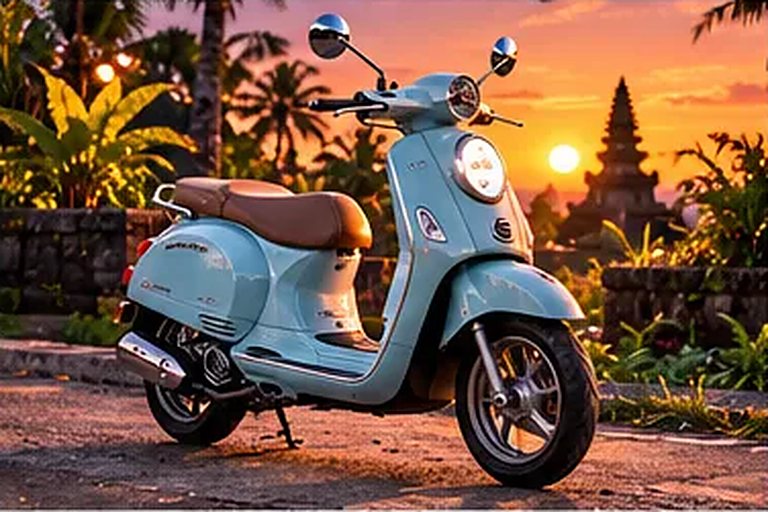 Vespa Sprint 150 zu mieten in Canggu, geparkt bei Sonnenuntergang