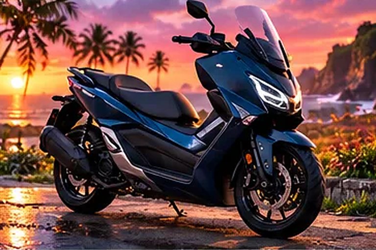 Yamaha XMAX 250 a noleggio a Canggu, parcheggiato al tramonto