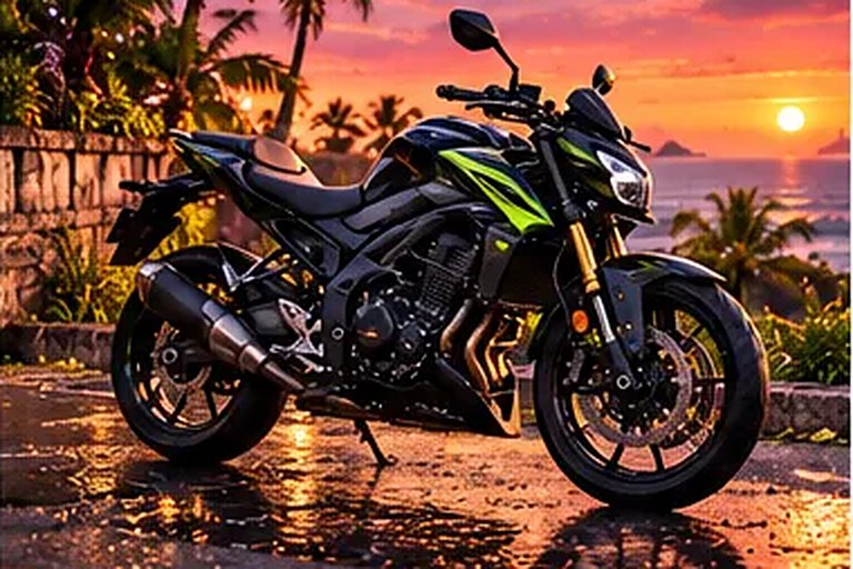 Kawasaki Z400 de alquiler en Canggu, aparcada al atardecer
