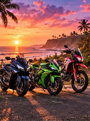 Drei größere Motorräder nebeneinander auf einer Küstenstraße bei Sonnenuntergang in Canggu