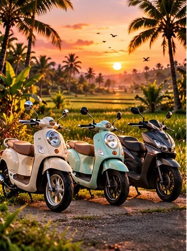 Kleine Roller auf einer palmengesäumten Gasse in Canggu bei Sonnenuntergang